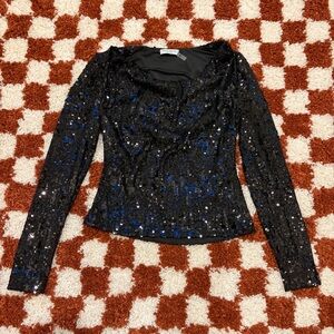Ramy Brook Leon Beaded Sequin Cowl Neck Black Top | size S